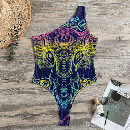 Rainbow Indian Elephant Print One Shoulder Bodysuit