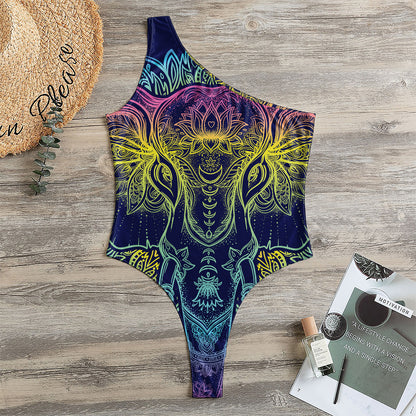 Rainbow Indian Elephant Print One Shoulder Bodysuit