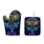 Rainbow Indian Elephant Print Oven Mitt And Pot Holder Set