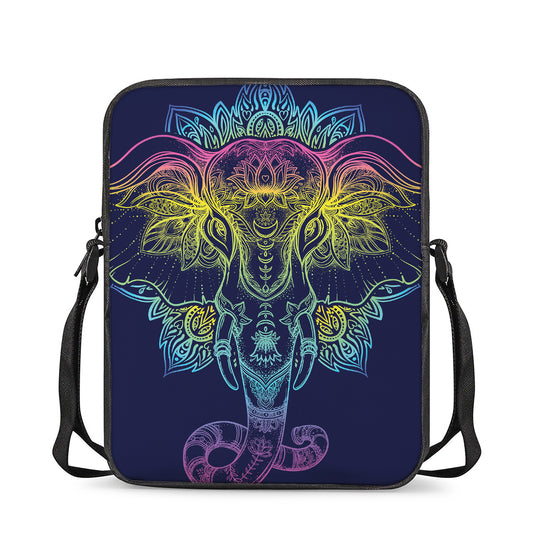 Rainbow Indian Elephant Print Rectangular Crossbody Bag