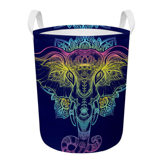 Rainbow Indian Elephant Print Round Laundry Basket