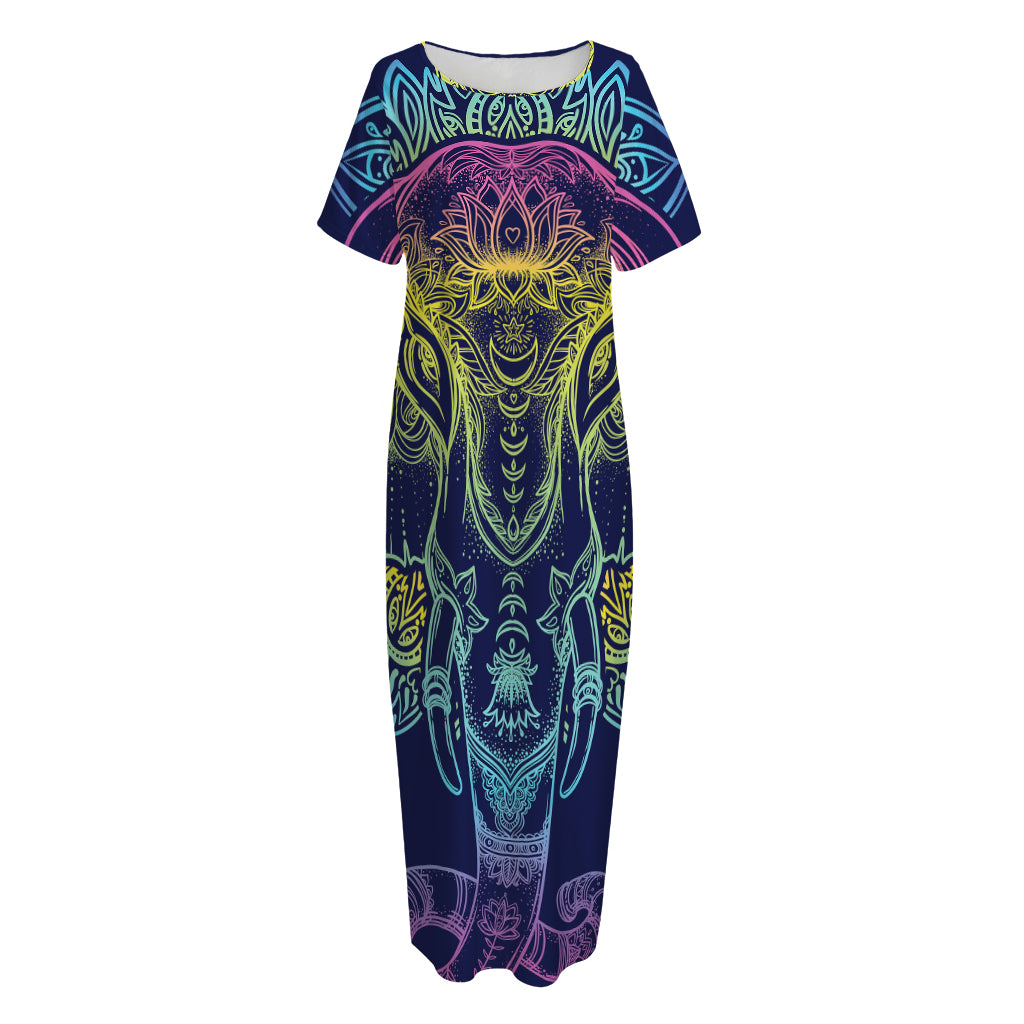 Rainbow Indian Elephant Print Short Sleeve Long Nightdress