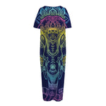 Rainbow Indian Elephant Print Short Sleeve Long Nightdress