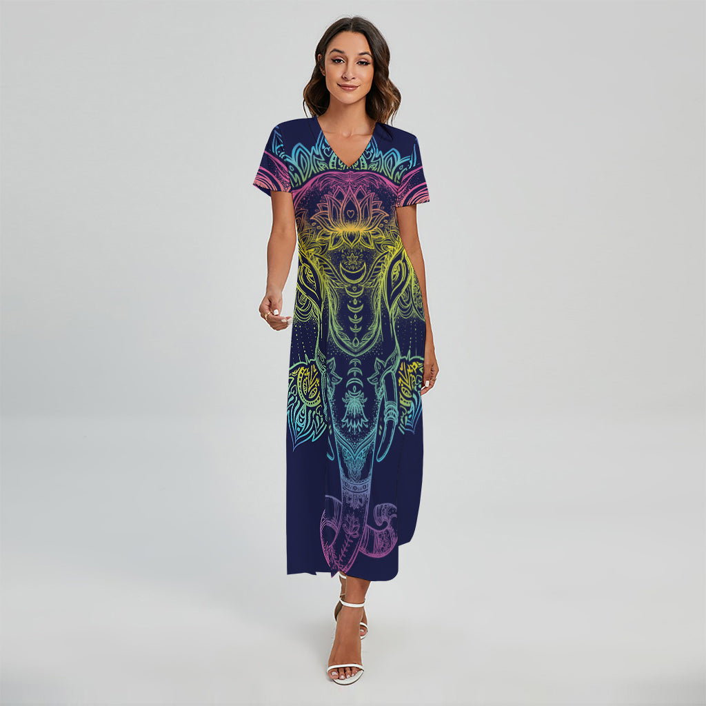 Rainbow Indian Elephant Print Short Sleeve Maxi Dress