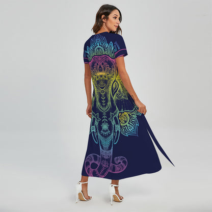 Rainbow Indian Elephant Print Short Sleeve Maxi Dress