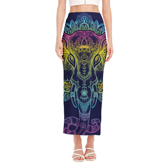 Rainbow Indian Elephant Print Side Slit Maxi Skirt