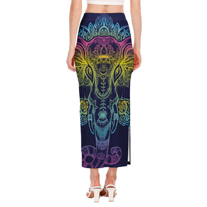 Rainbow Indian Elephant Print Side Slit Maxi Skirt