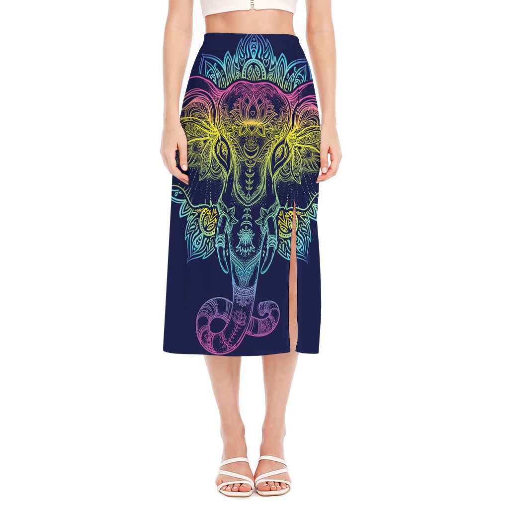 Rainbow Indian Elephant Print Side Slit Midi Skirt