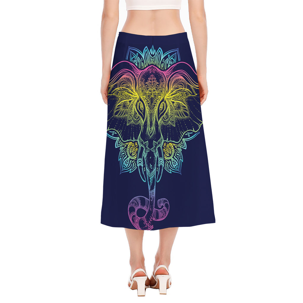 Rainbow Indian Elephant Print Side Slit Midi Skirt