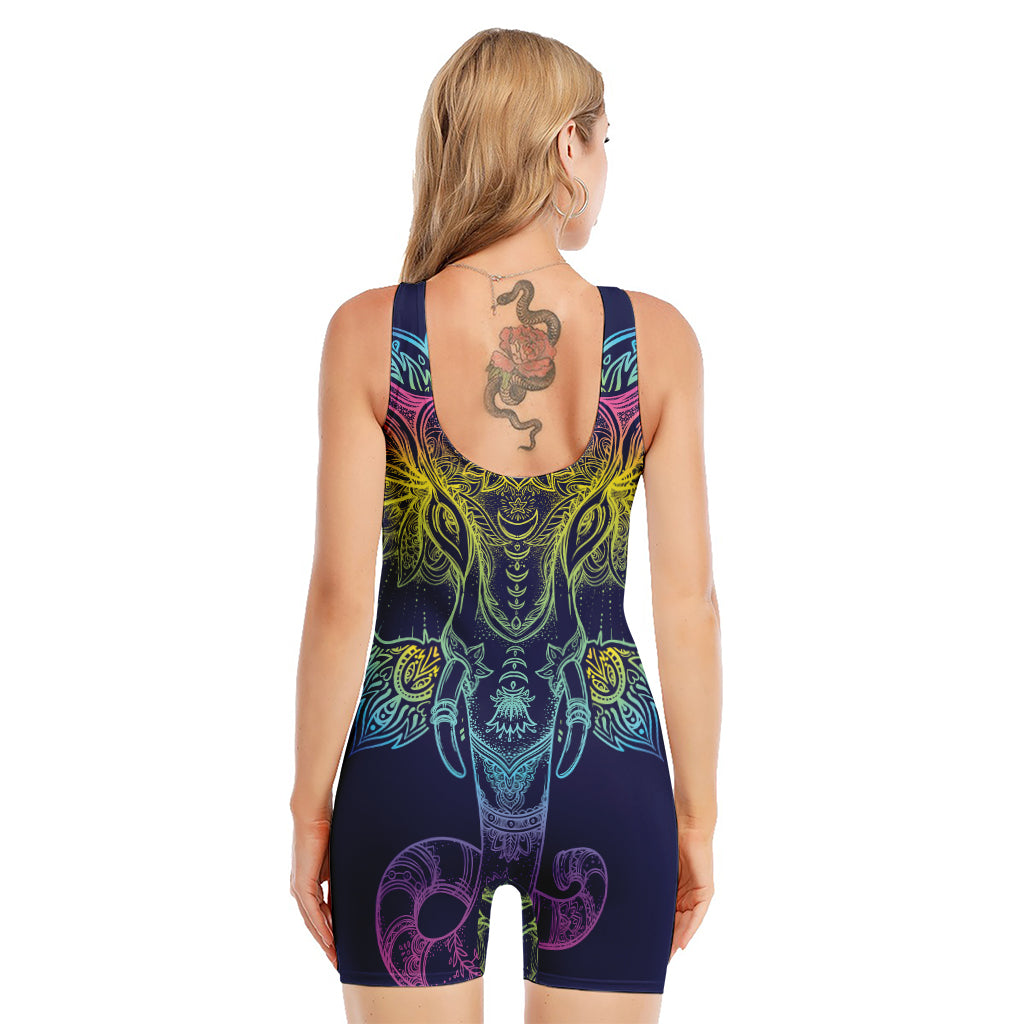 Rainbow Indian Elephant Print Sleeveless One Piece Swimsuit