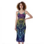 Rainbow Indian Elephant Print Slim Fit Midi Cami Dress