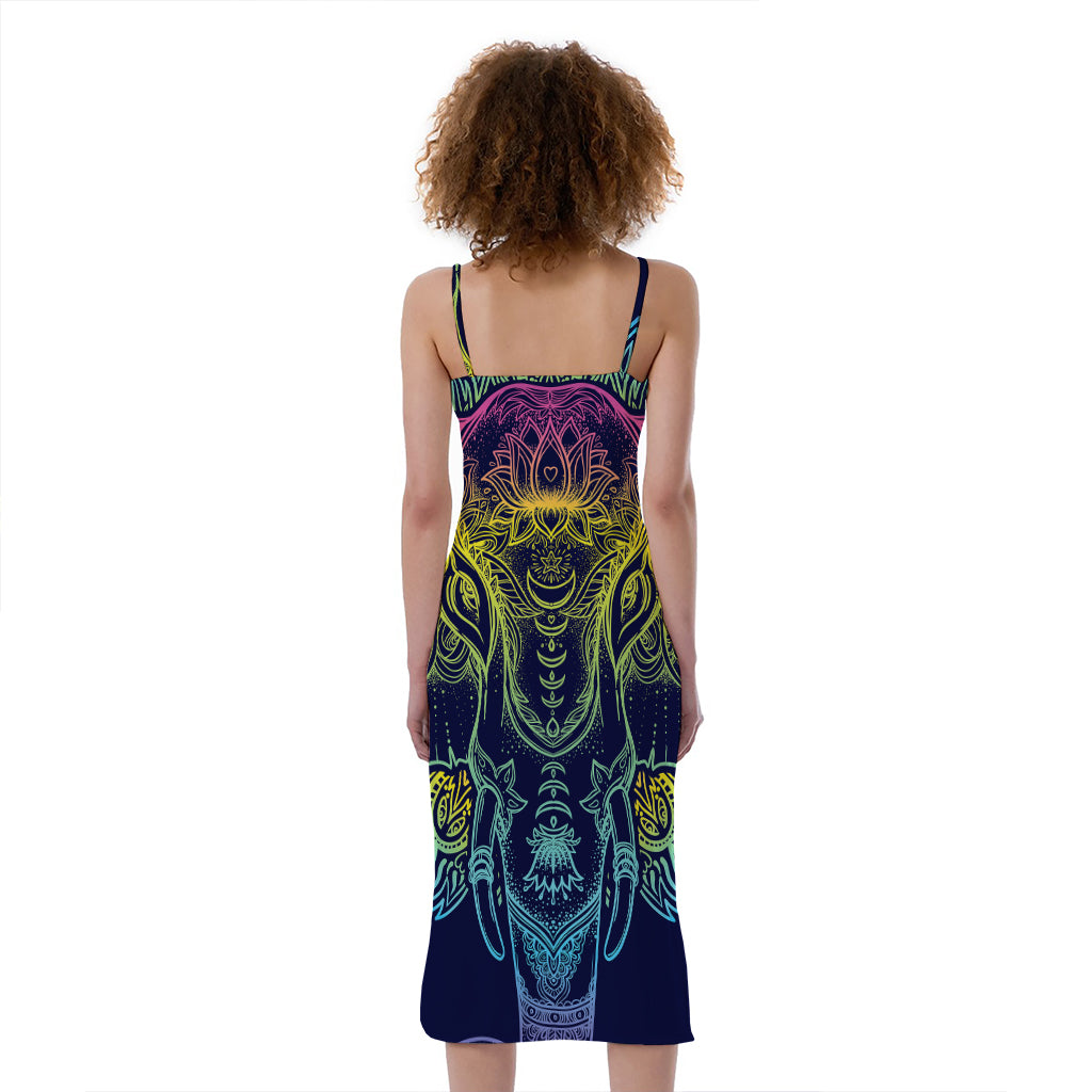 Rainbow Indian Elephant Print Slim Fit Midi Cami Dress