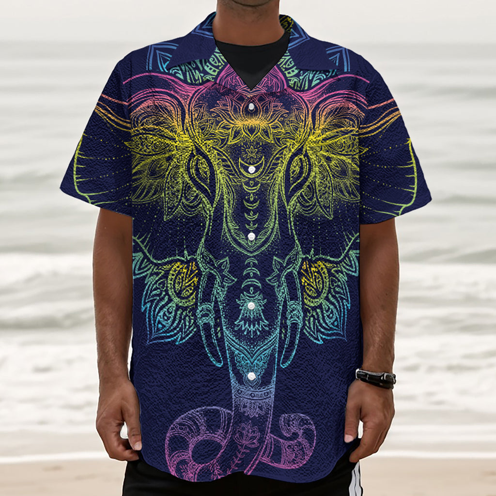 Rainbow Indian Elephant Print Textured Short Sleeve Shirt
