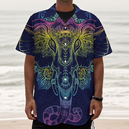 Rainbow Indian Elephant Print Textured Short Sleeve Shirt