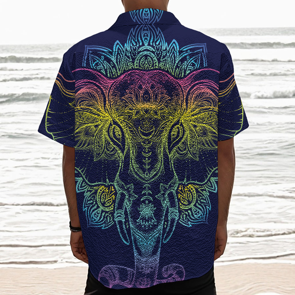 Rainbow Indian Elephant Print Textured Short Sleeve Shirt