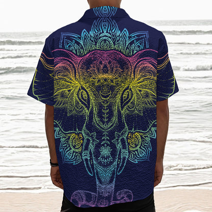 Rainbow Indian Elephant Print Textured Short Sleeve Shirt
