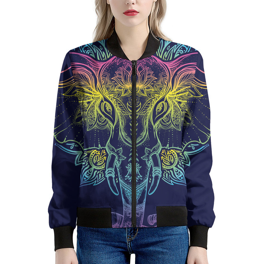 Rainbow Indian Elephant Print Women's Bomber Jacket
