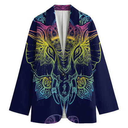 Rainbow Indian Elephant Print Women's Cotton Blazer