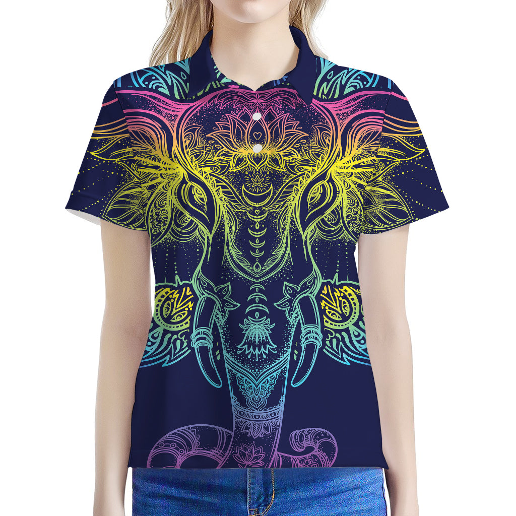 Rainbow Indian Elephant Print Women's Polo Shirt