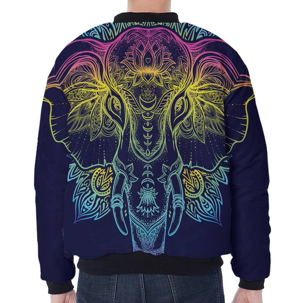 Rainbow Indian Elephant Print Zip Sleeve Bomber Jacket