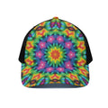 Rainbow Kaleidoscope Print Black Mesh Trucker Hat