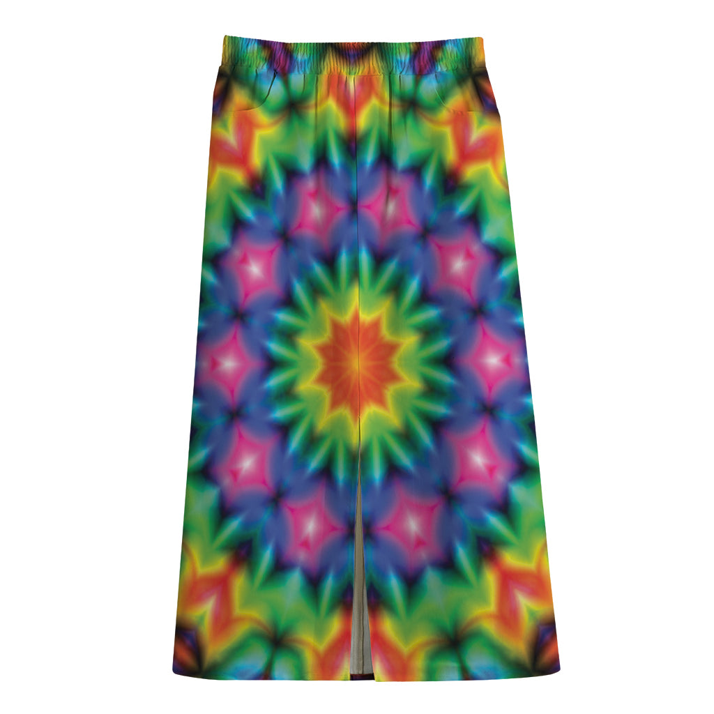 Rainbow Kaleidoscope Print Cotton Front Slit Maxi Skirt