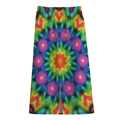 Rainbow Kaleidoscope Print Cotton Front Slit Maxi Skirt