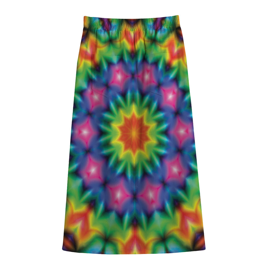 Rainbow Kaleidoscope Print Cotton Front Slit Maxi Skirt