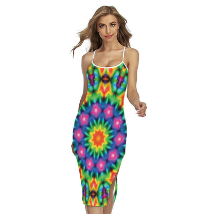 Rainbow Kaleidoscope Print Cross Back Cami Dress