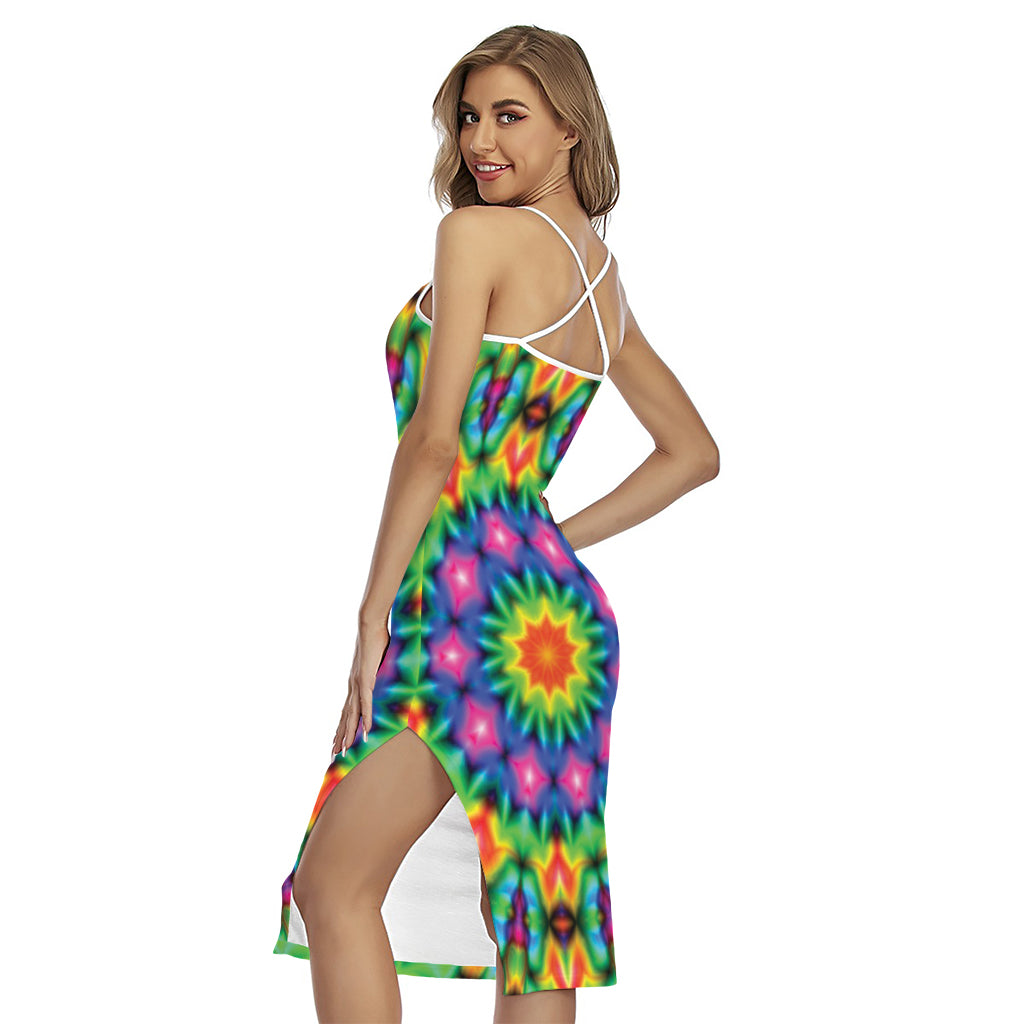 Rainbow Kaleidoscope Print Cross Back Cami Dress