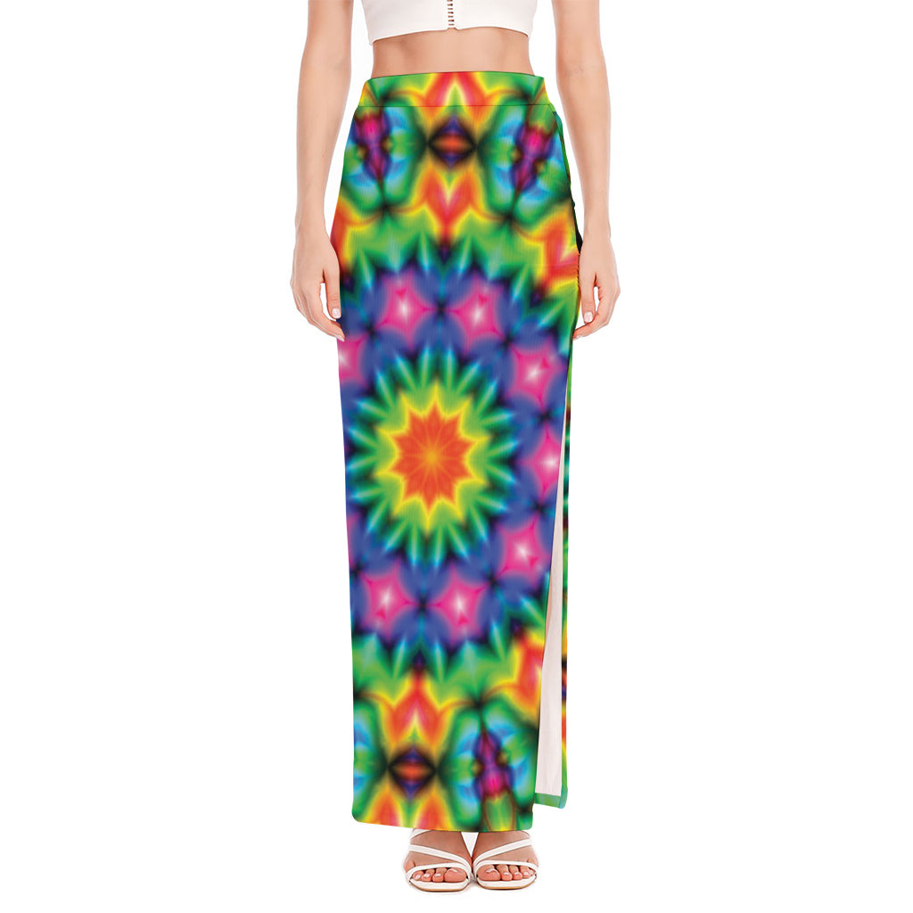 Rainbow Kaleidoscope Print High Slit Maxi Skirt