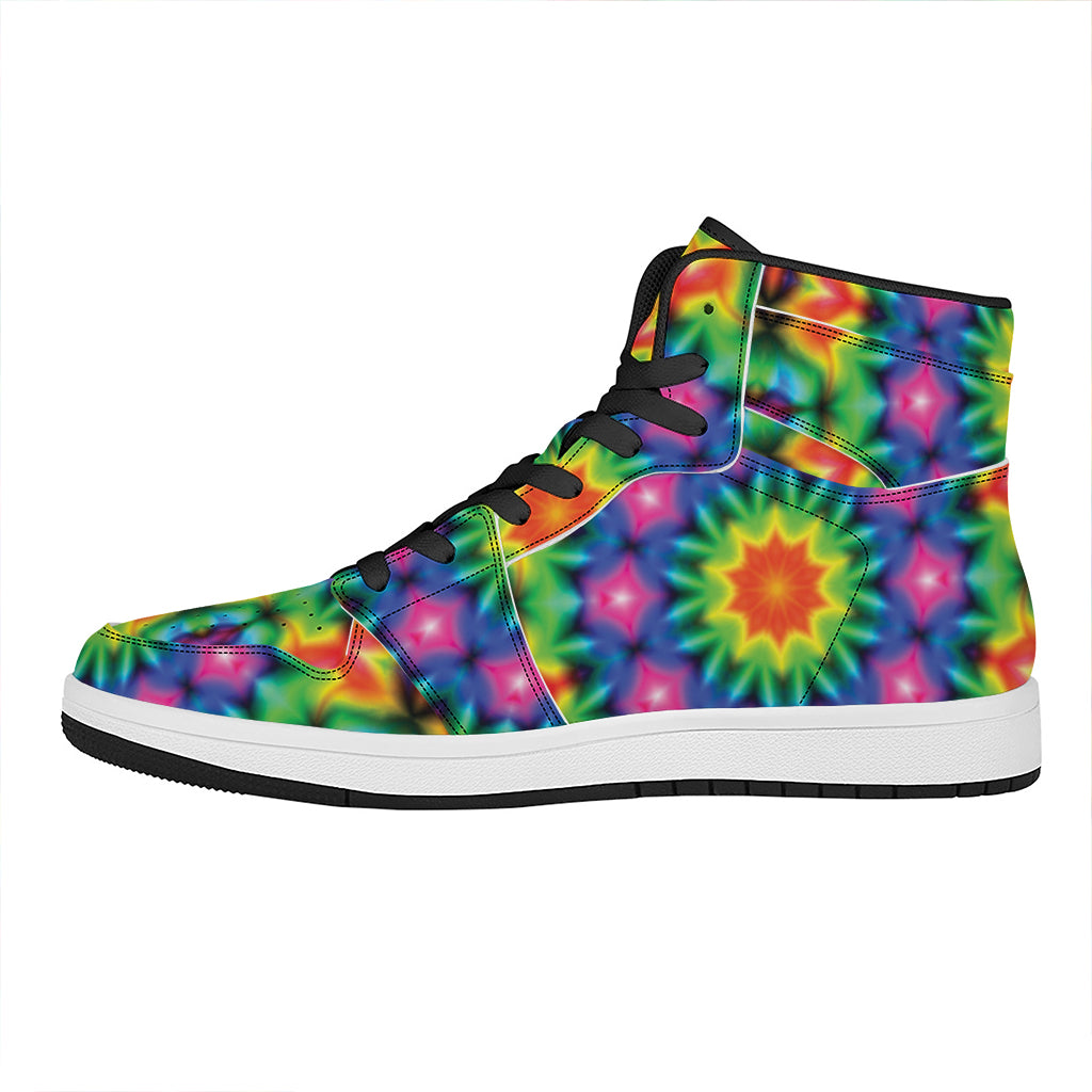 Rainbow Kaleidoscope Print High Top Leather Sneakers
