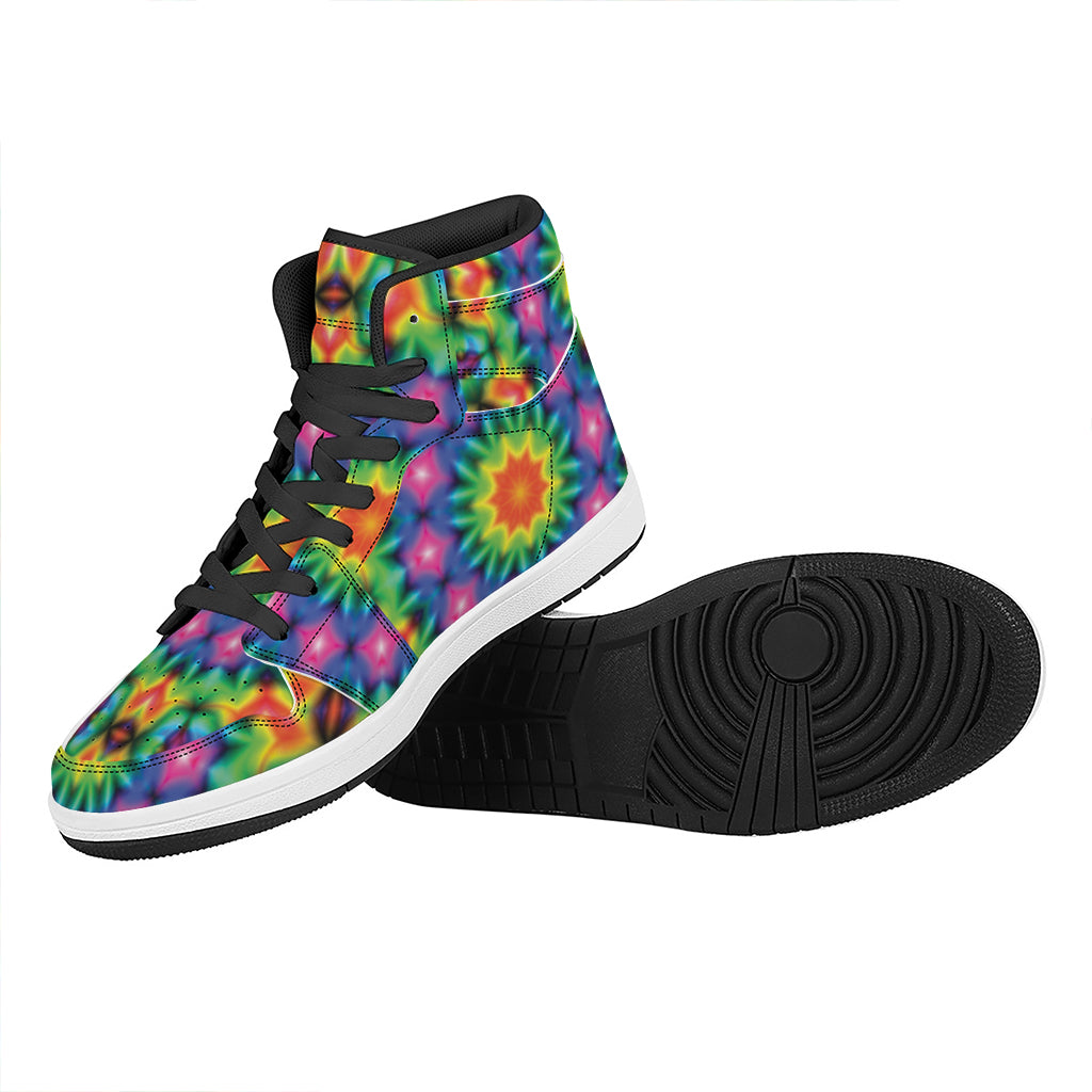 Rainbow Kaleidoscope Print High Top Leather Sneakers