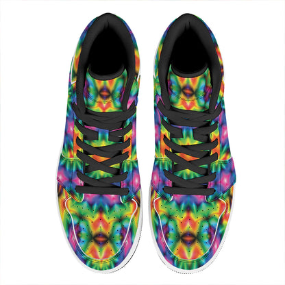 Rainbow Kaleidoscope Print High Top Leather Sneakers