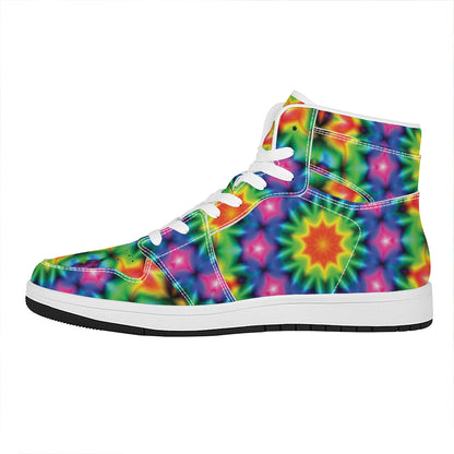 Rainbow Kaleidoscope Print High Top Leather Sneakers