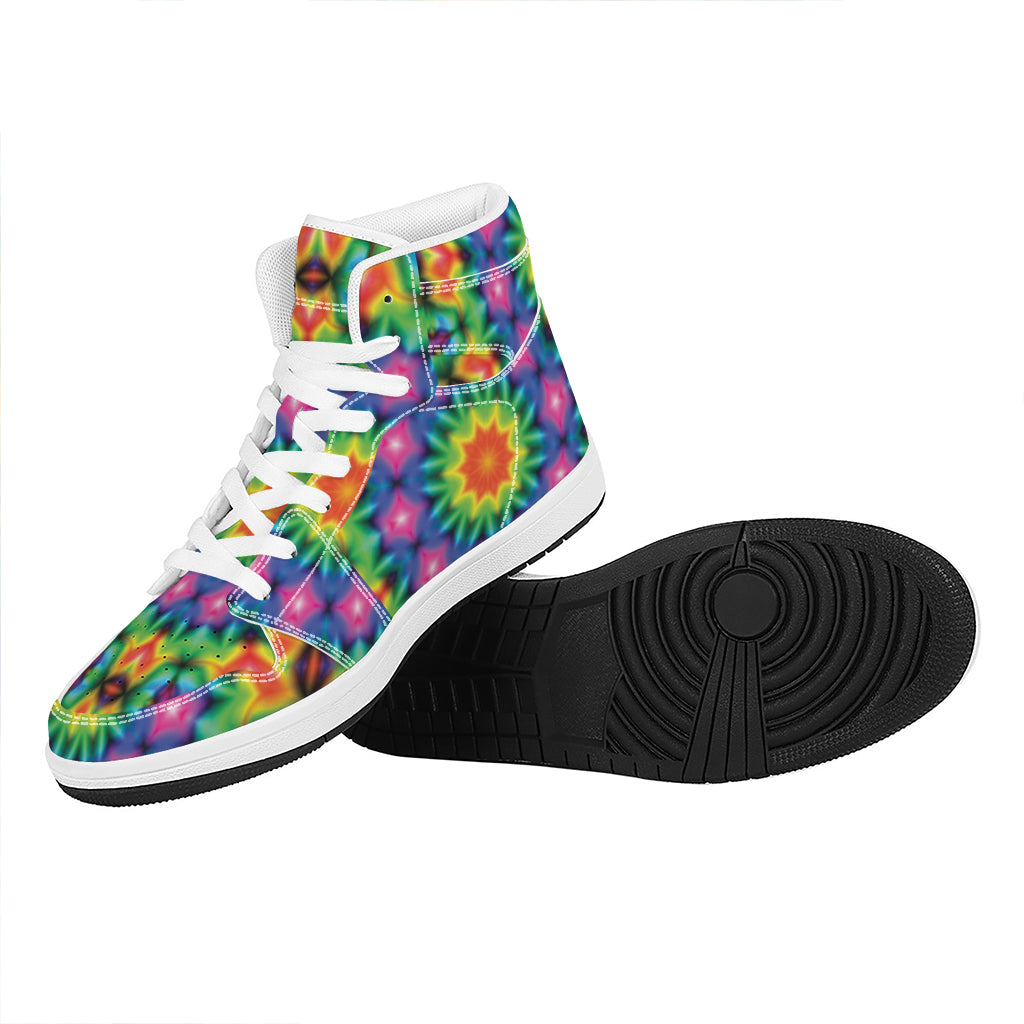 Rainbow Kaleidoscope Print High Top Leather Sneakers