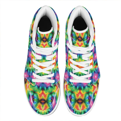 Rainbow Kaleidoscope Print High Top Leather Sneakers