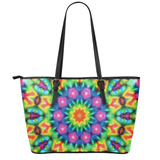 Rainbow Kaleidoscope Print Leather Tote Bag