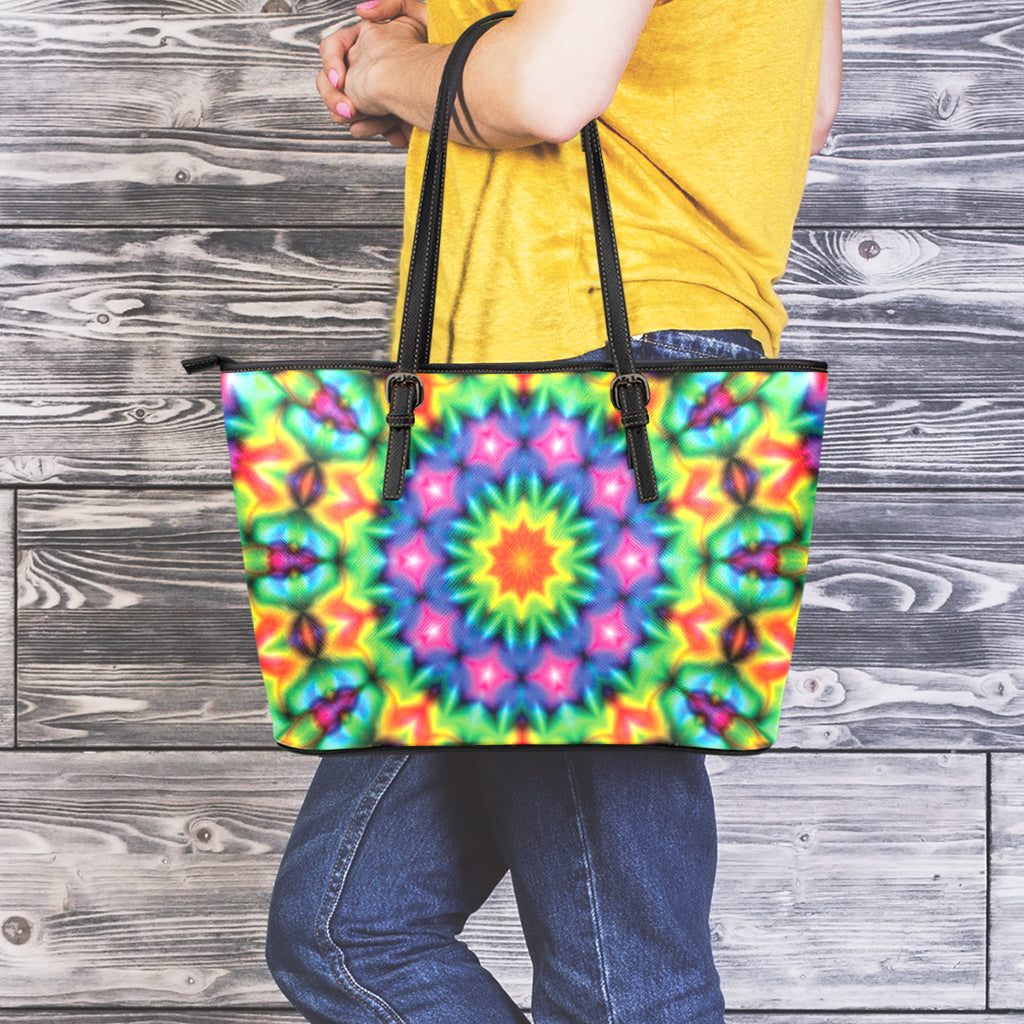 Rainbow Kaleidoscope Print Leather Tote Bag