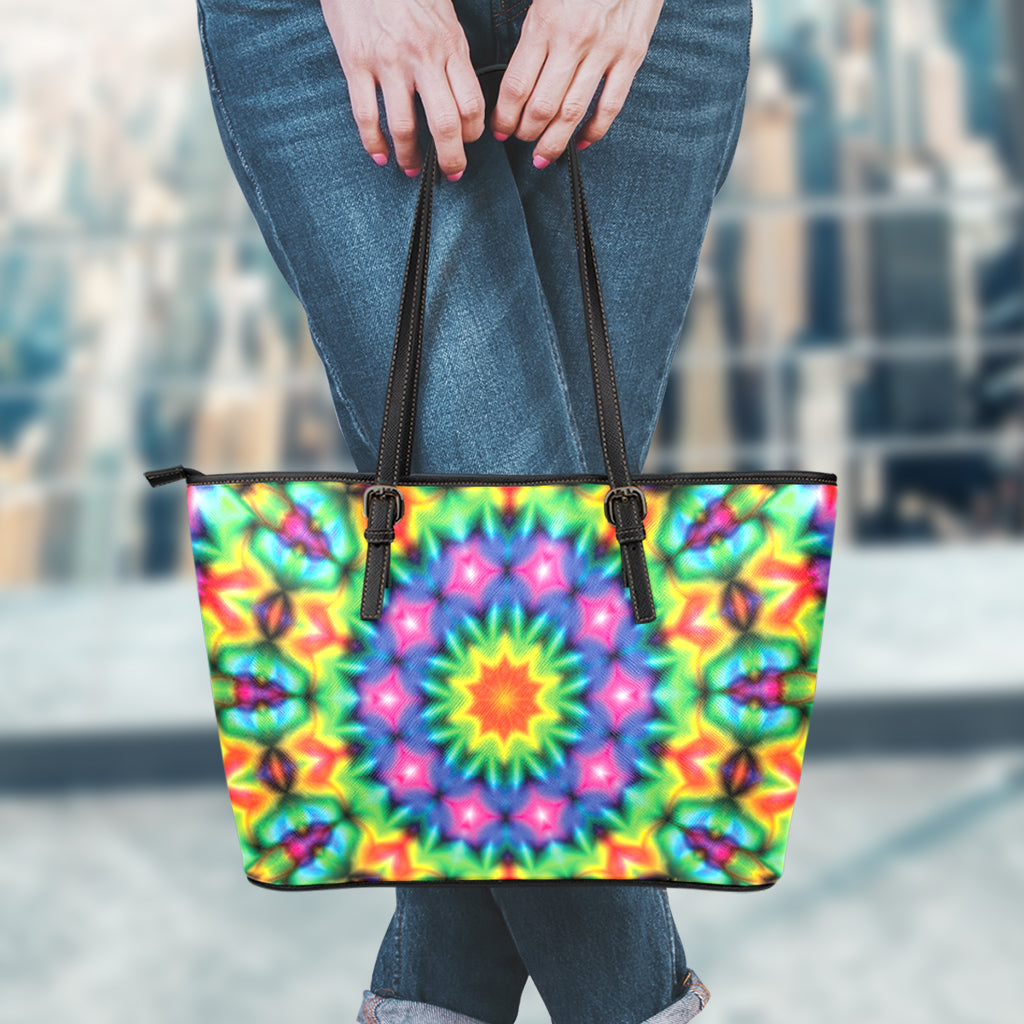 Rainbow Kaleidoscope Print Leather Tote Bag