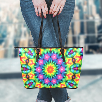 Rainbow Kaleidoscope Print Leather Tote Bag