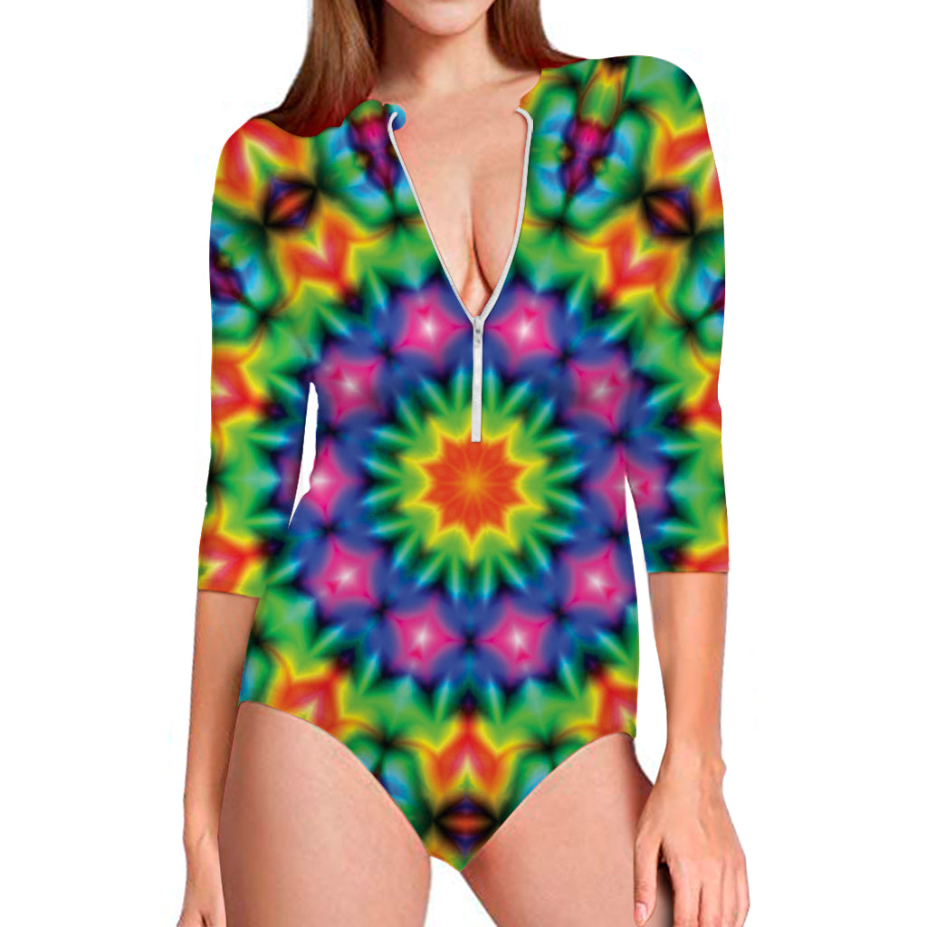 Rainbow Kaleidoscope Print Long Sleeve Swimsuit