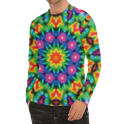 Rainbow Kaleidoscope Print Men's Long Sleeve Rash Guard