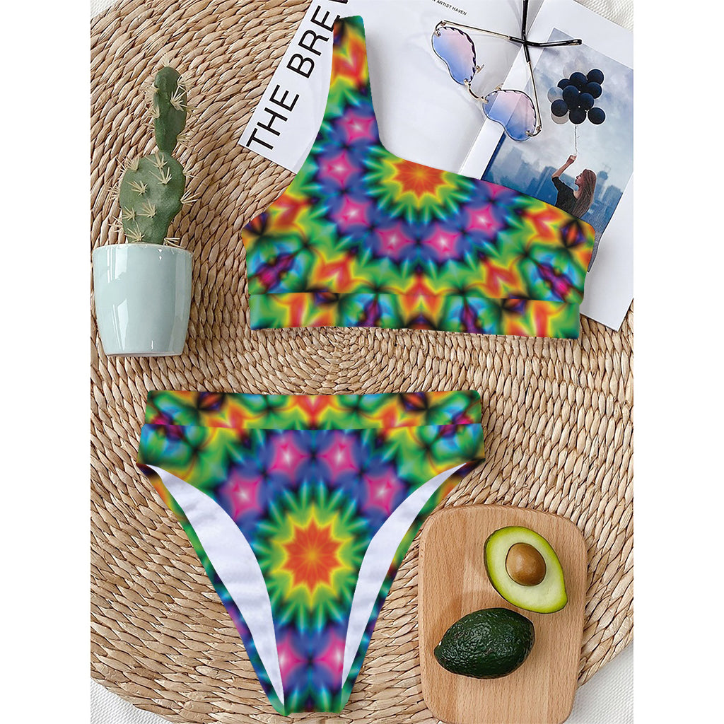 Rainbow Kaleidoscope Print One Shoulder Bikini Top