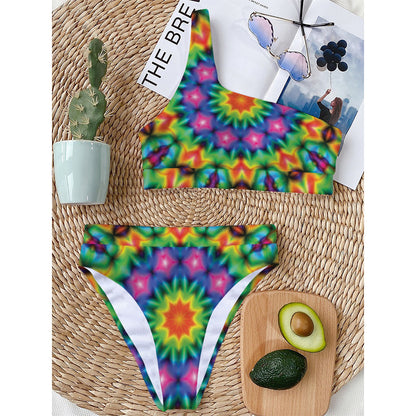 Rainbow Kaleidoscope Print One Shoulder Bikini Top