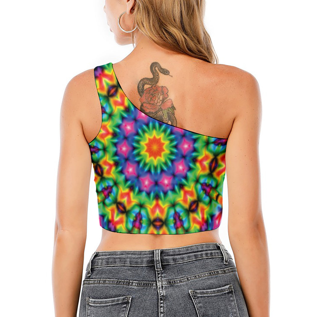Rainbow Kaleidoscope Print One Shoulder Crop Top