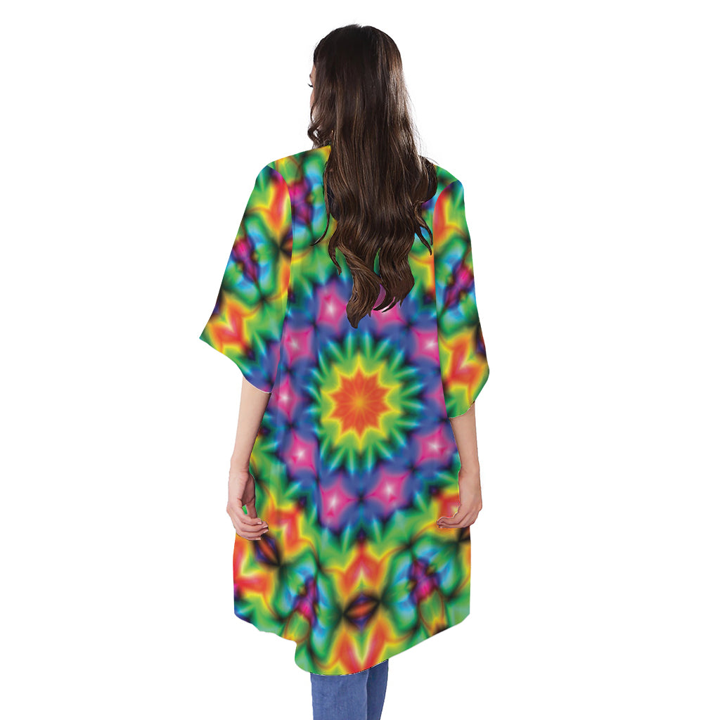 Rainbow Kaleidoscope Print Open Front Beach Cover Up