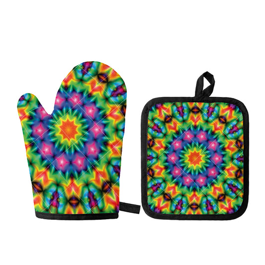 Rainbow Kaleidoscope Print Oven Mitt And Pot Holder Set