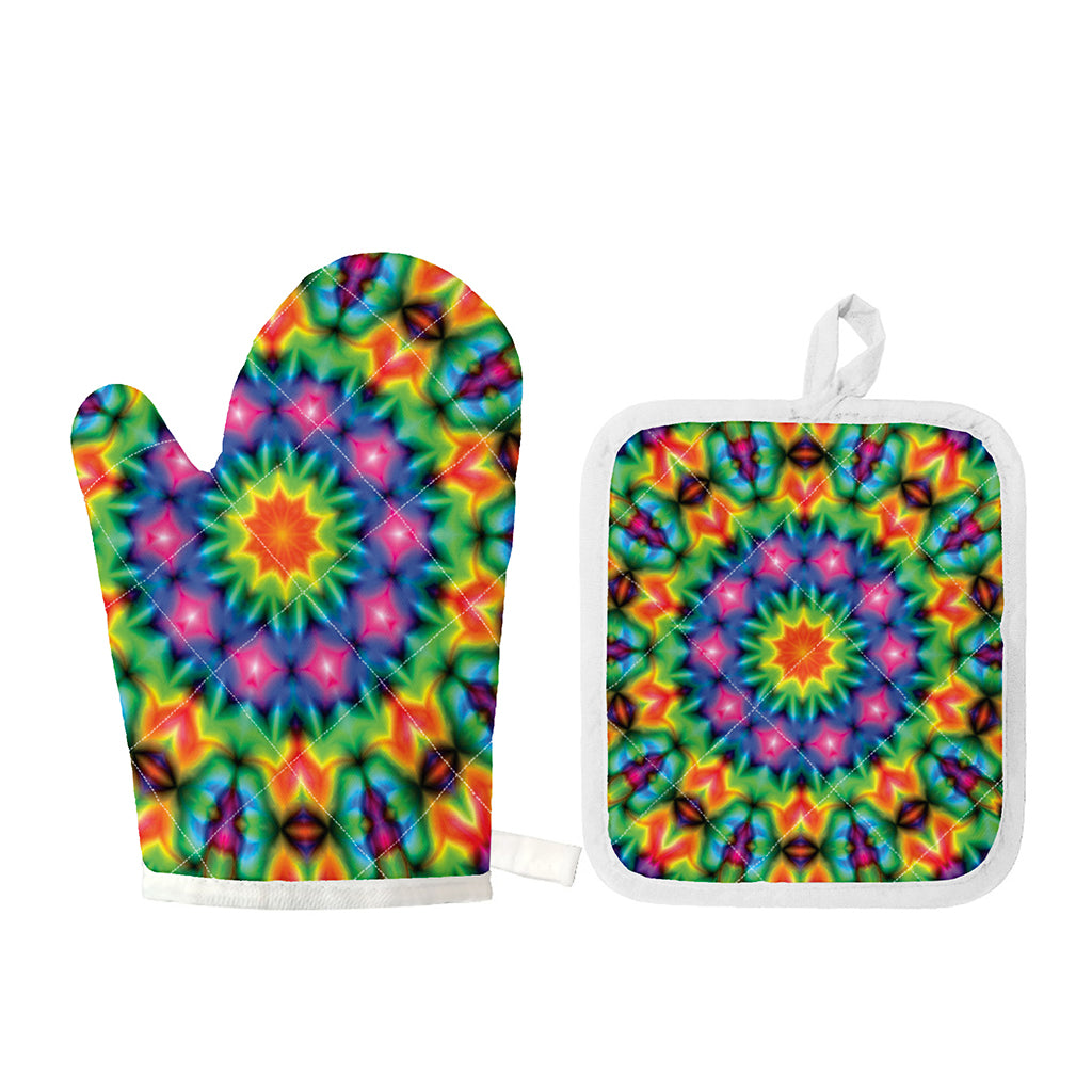 Rainbow Kaleidoscope Print Oven Mitt And Pot Holder Set