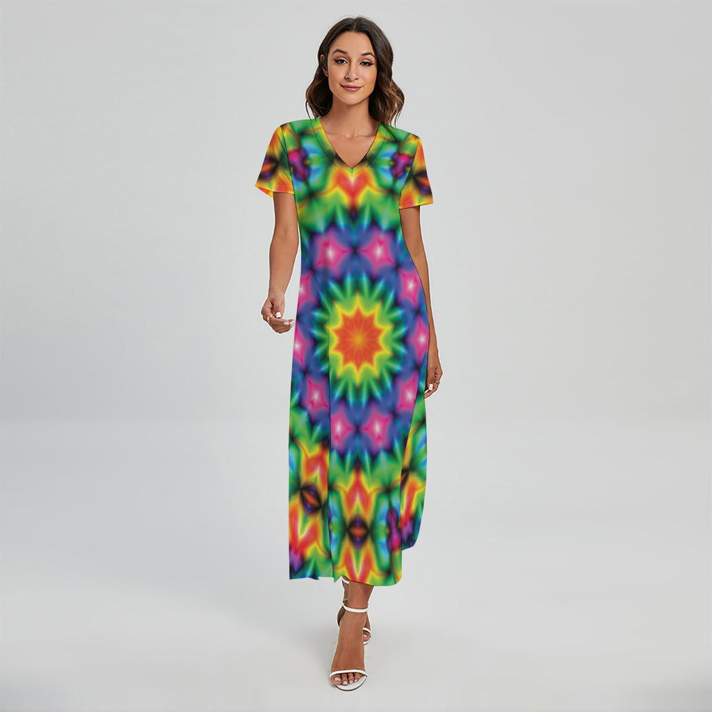 Rainbow Kaleidoscope Print Short Sleeve Maxi Dress